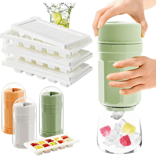 Rotating ice cube tray with cover for freezer storage.