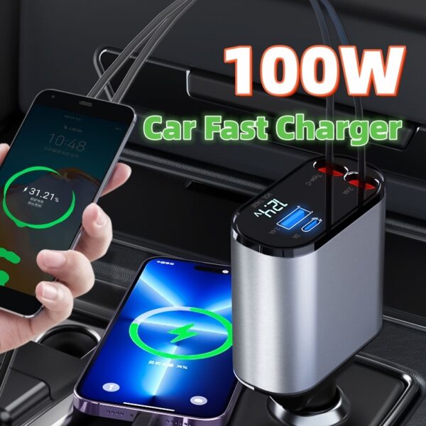 100W Metal Car Charger with USB and TYPE-C Port