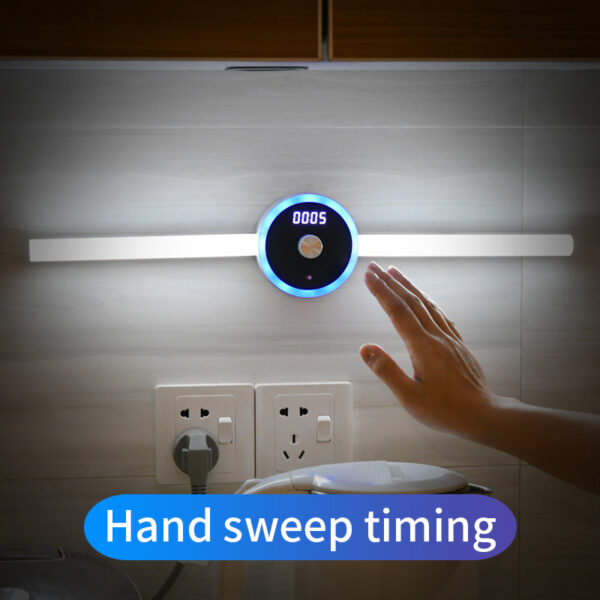 Smart removable LED cabinet light with clock, timer, and sensor.