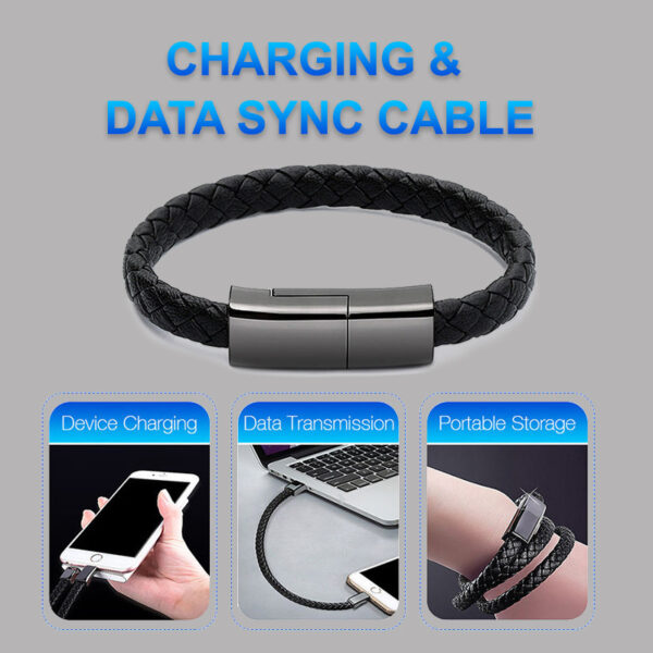 New USB charging bracelet cable for iPhone 14/13 Max, USB-C, and Micro cable for phones.